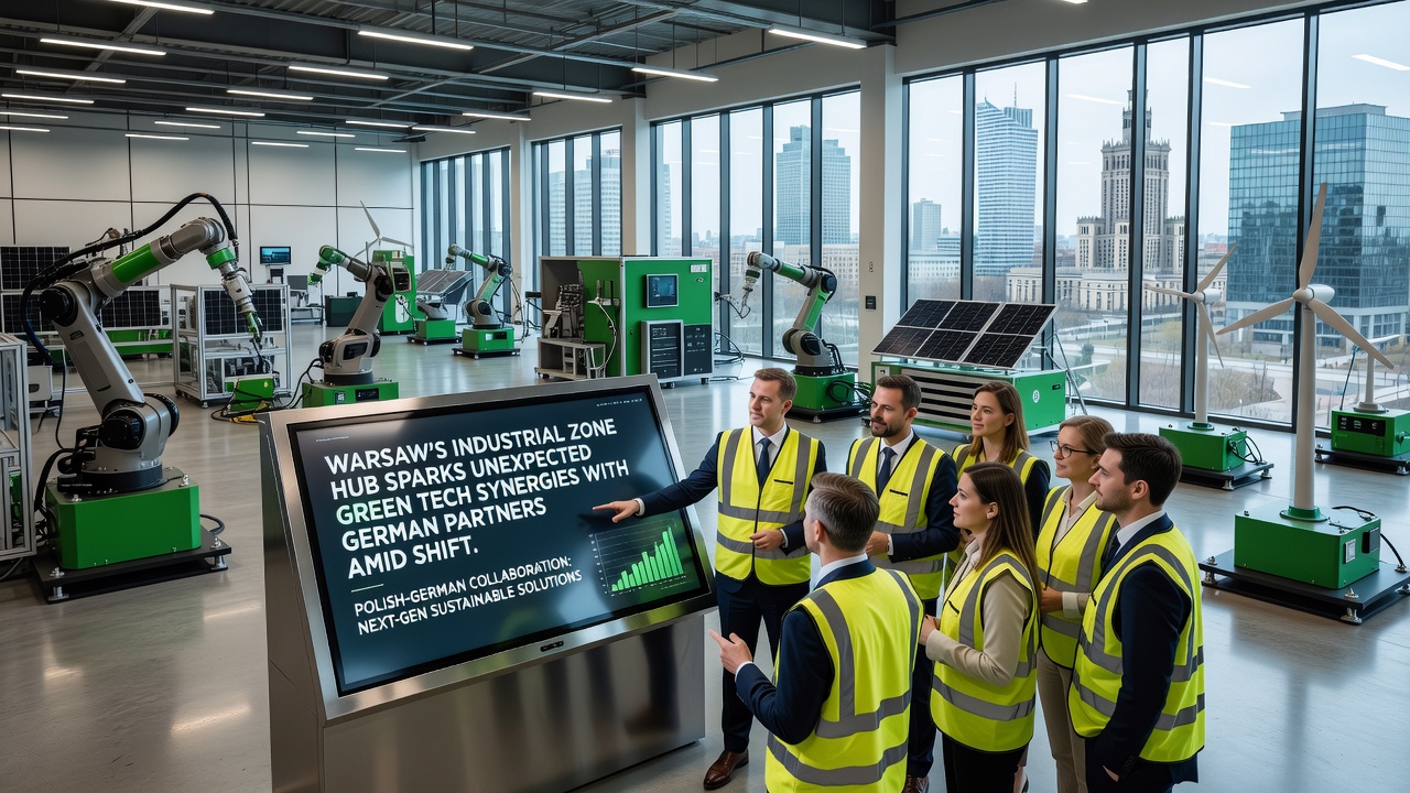 German and Polish engineers collaborating on green tech prototypes in a Warsaw industrial facility