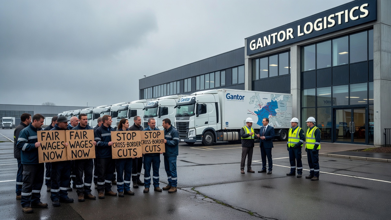 Trucks lined up outside a logistics terminal near Antwerp illustrating delays in Gantor's supply movements